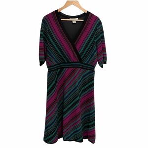 Peter Nygard Multicolor Striped Knit Midi Dress Empire Waist Silk Cotton Blend